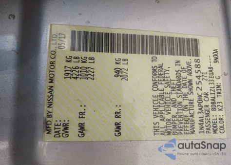 2017 Nissan Altima 2.5 Sv z USA, uszkodzony, nr VIN 1N4AL3AP0HC254588